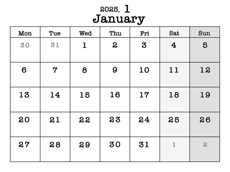 2025年1月カレンダー（月曜始まり）