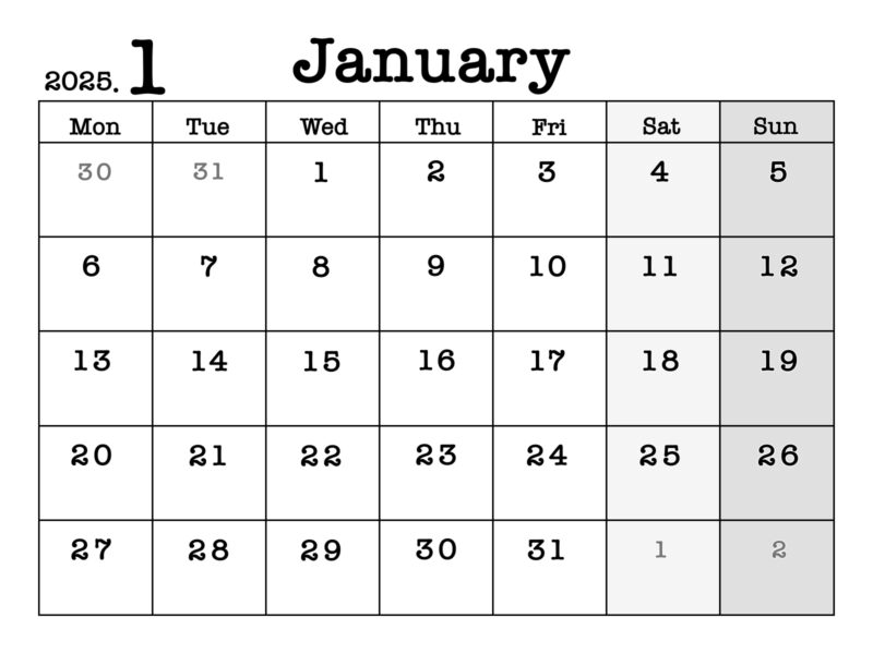 2025年1月カレンダー（月曜始まり）
