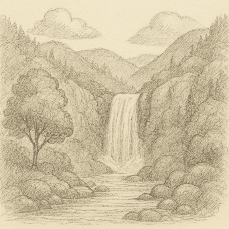 ほっこり癒される風景イラスト|壁紙・背景に最適【フリー素材】 3 滝の風景画(単色)