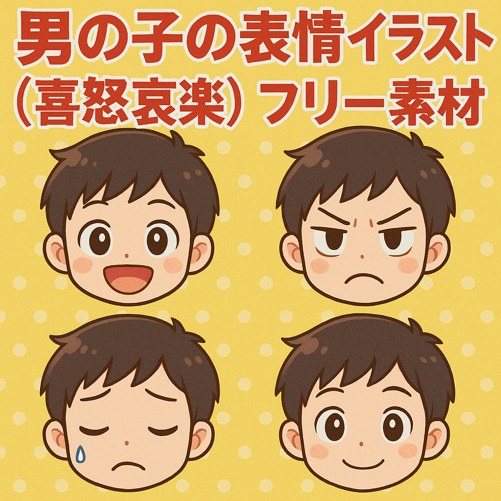 黄色のドット柄背景に、アニメ風の男の子が「喜・怒・哀・楽」の4つの表情を浮かべたイラスト。笑顔、怒り顔、泣き顔、ほほえみの表情が並び、上部に「男の子の表情イラスト（喜怒哀楽）フリー素材」と書かれている。かわいく親しみやすいデザイン。