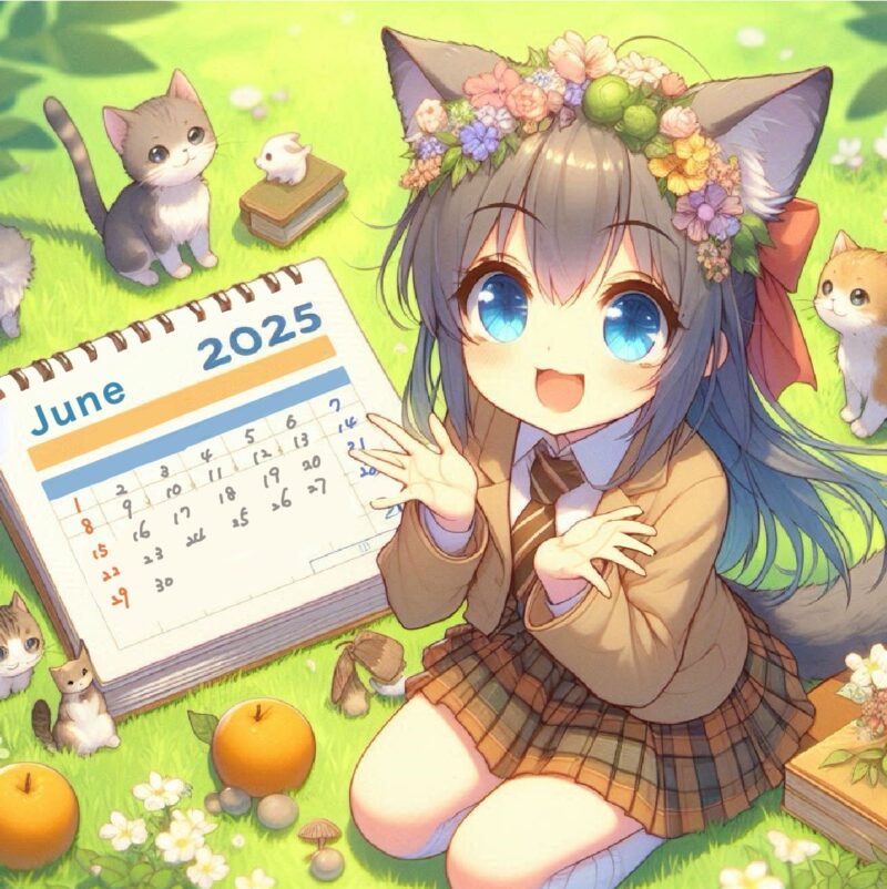 2025年6月カレンダーのアイキャッチ画像。かわいい女の子とネコイラスト。