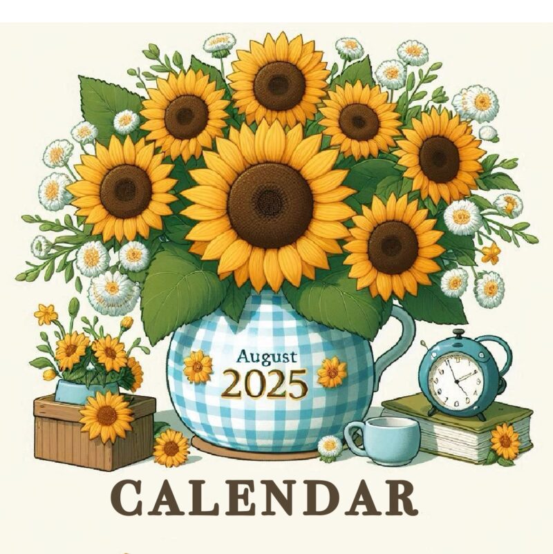 【フリー素材】2025年8月オリジナルカレンダー 4 2025年8月のカレンダーページのアイキャッチ画像。花瓶に入ったひまわりイラスト。