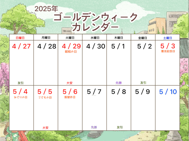 【フリー素材】2025年ゴールデンウイークカレンダー 13 ゴールデンウィークカレンダーPNG