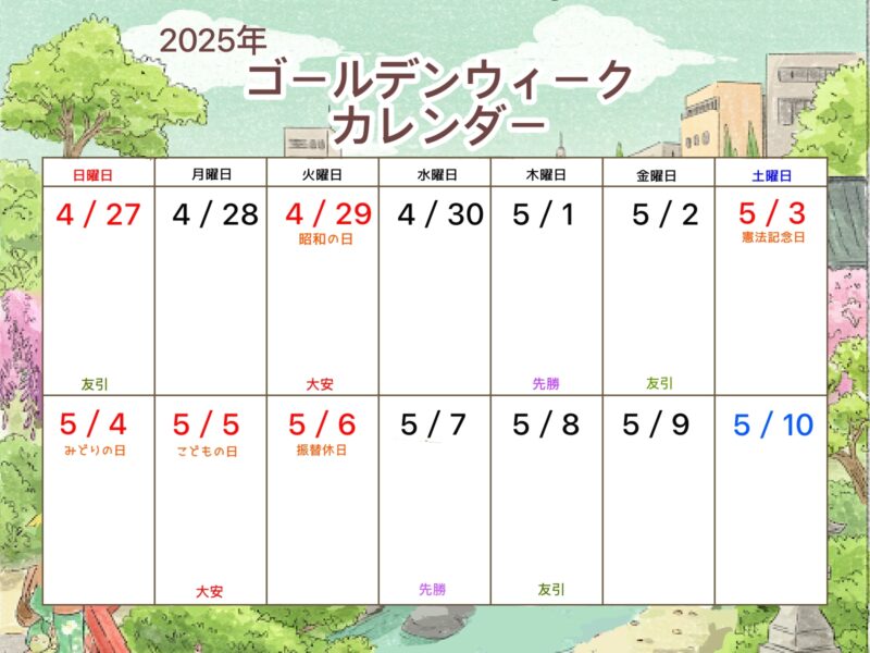 【フリー素材】2025年ゴールデンウイークカレンダー 12 ゴールデンウィークカレンダーJPEG