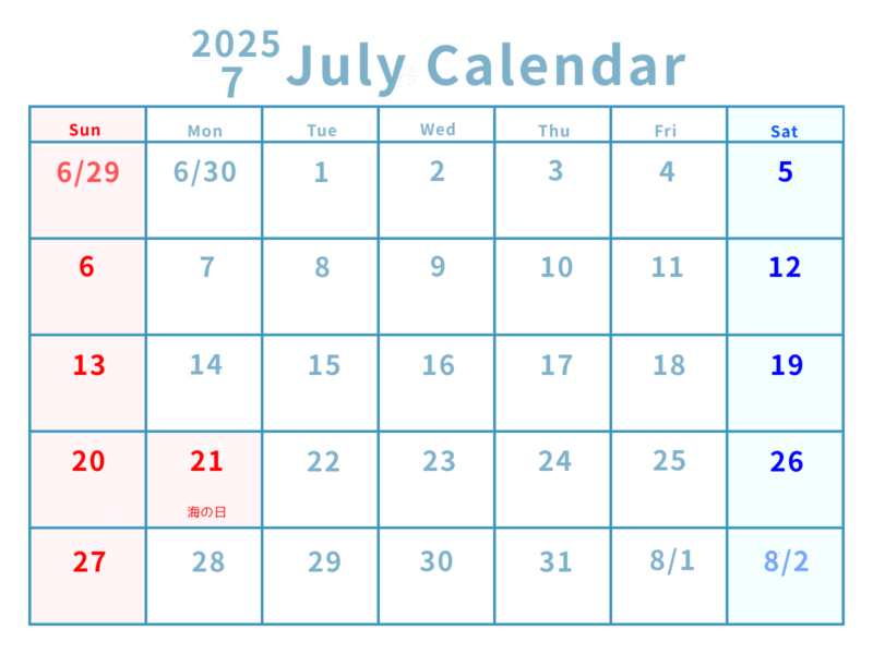 【フリー素材】2025年7月オリジナルカレンダー 6 2025年July calendar 無料ダウンロード シンプル 英語 実用 ゴシック体