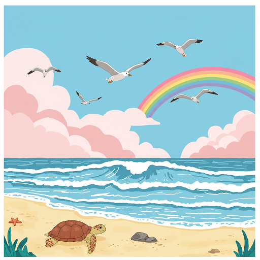 夏の海のイラスト・背景や壁紙に!フリー素材 3 虹とウミガメが描かれた明るい海辺のイラスト 海鳥が飛ぶ爽やかな夏の浜辺の無料素材
