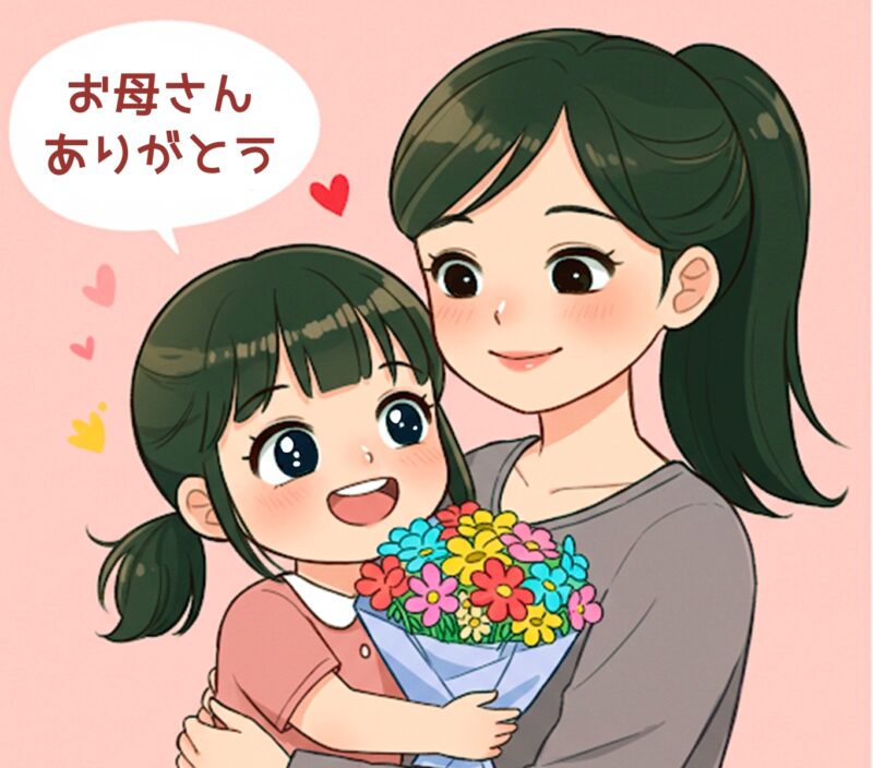 【フリー素材】母の日メッセージカード!たくさん描いてみたから見てください! 4 母の日イラスト 無料ダウンロード JPEG素材 花束を渡す女の子 ありがとう 嬉しそうなお母さんイラスト