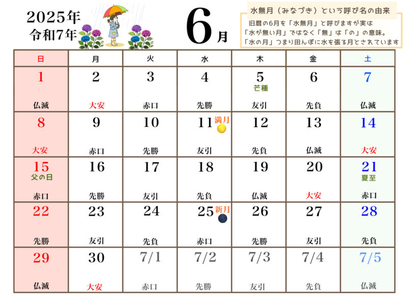 2025年6月カレンダー　雨降りと紫陽花イラスト入り　水無月の由来説明入り JPEG