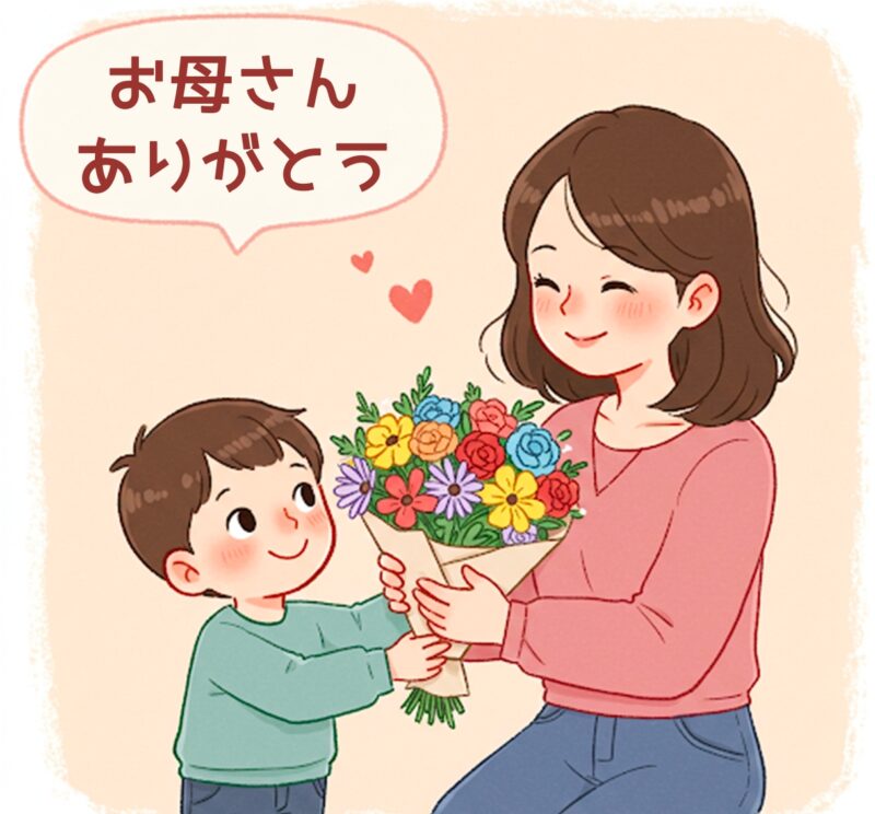 【フリー素材】母の日メッセージカード!たくさん描いてみたから見てください! 3 母の日イラスト 無料ダウンロード JPEG素材 花束を渡す男の子 ありがとう