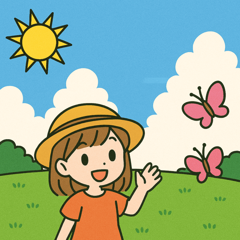 麦わら帽子をかぶった女の子が草原で手を振り、青空の下で蝶々が飛んでいるアニメ風イラスト（変更前）