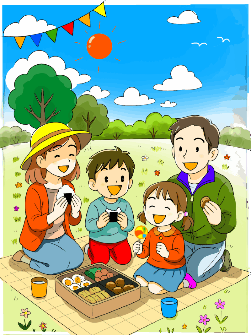 ピクニック中の家族（間違い探し）イラスト