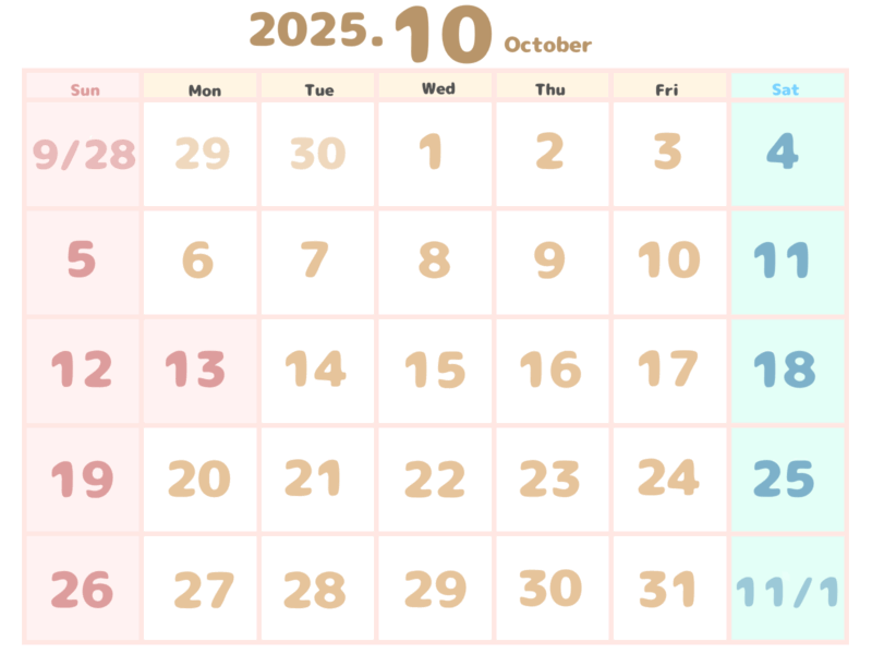 【フリー素材】2025年10月オリジナルカレンダー 7 2025年10月のカレンダー。日曜始まりで、前月9月28日から翌月11月1日までが表示されている。背景は白、曜日ごとに色分けされ、土曜日が青、水曜日と金曜日がベージュ、日曜日がピンクで色分けされている。