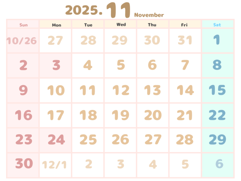 【フリー素材】2025年11月オリジナルカレンダー 5 2025年11月のカレンダー。日曜始まりで、前月10月26日から翌月12月6日までが表示されている。背景は白、曜日ごとに色分けされ、土曜日が青、水曜日と金曜日がベージュ、日曜日がピンクで色分けされている。
