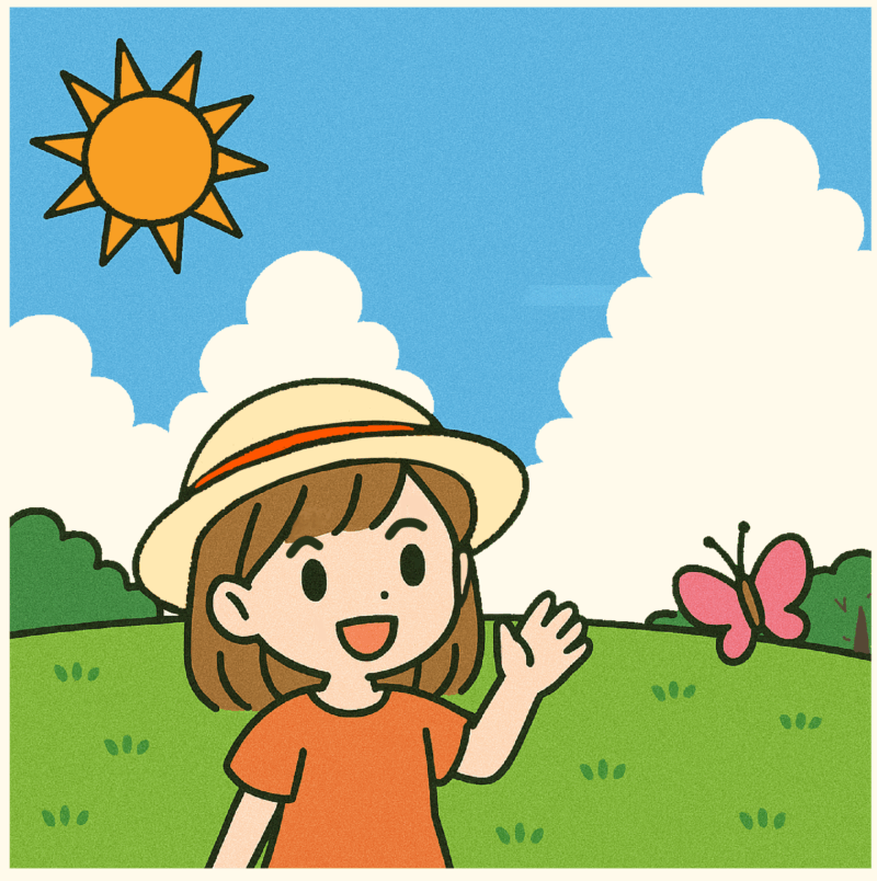 麦わら帽子をかぶった女の子が草原で手を振り、青空の下で蝶々が飛んでいるアニメ風イラスト（変更後）